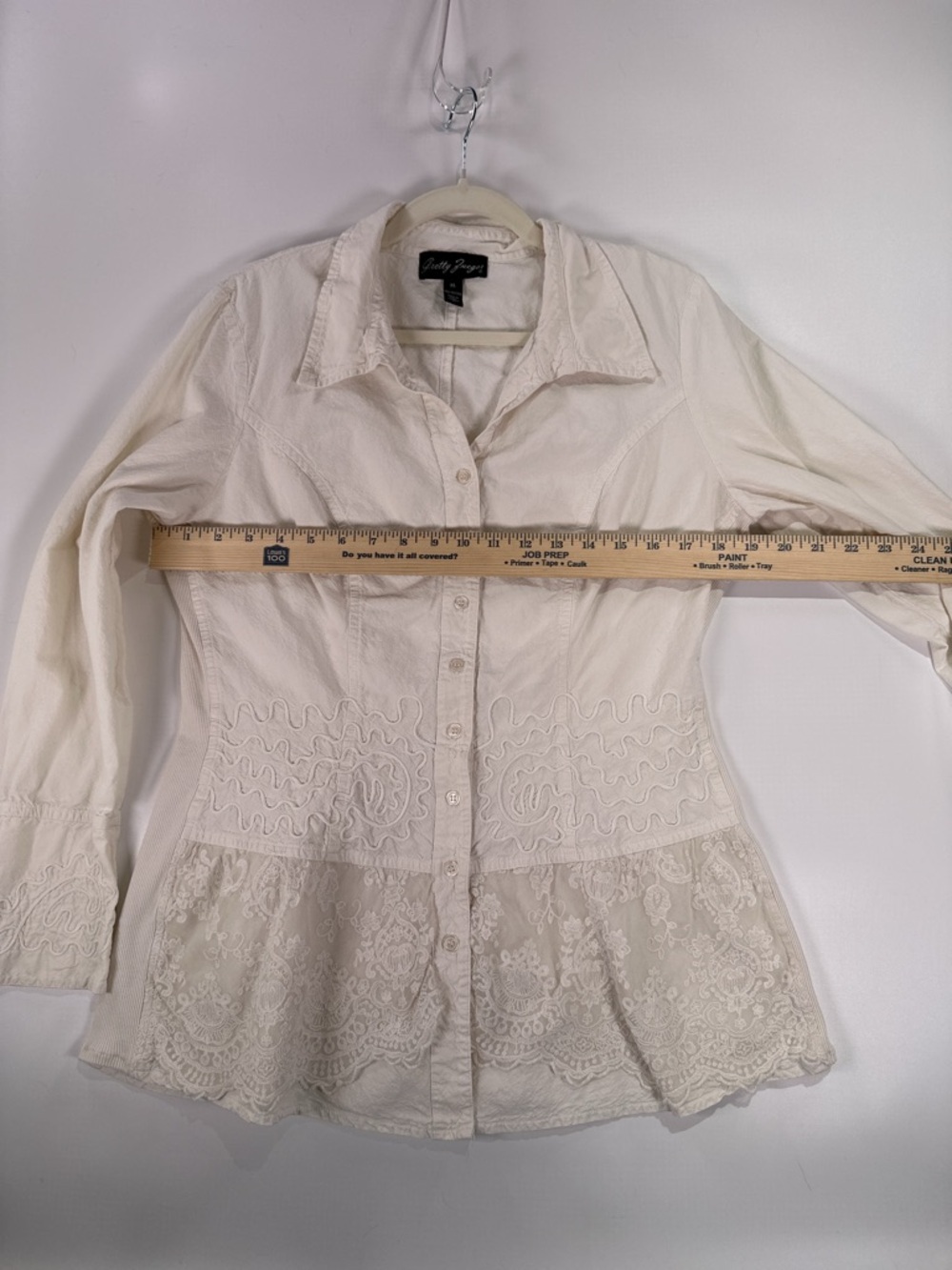 Gretty Zueger Button Down Shirt Embroidered Lace Peplum Cotton White XL - Picture 11 of 12